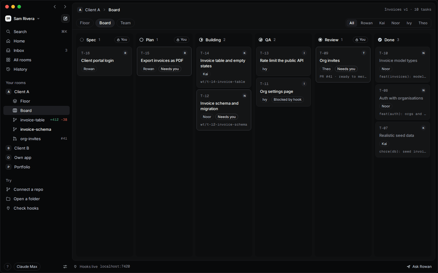 The Kernel Board: tasks in Spec, Plan, Building, QA, Review and Done