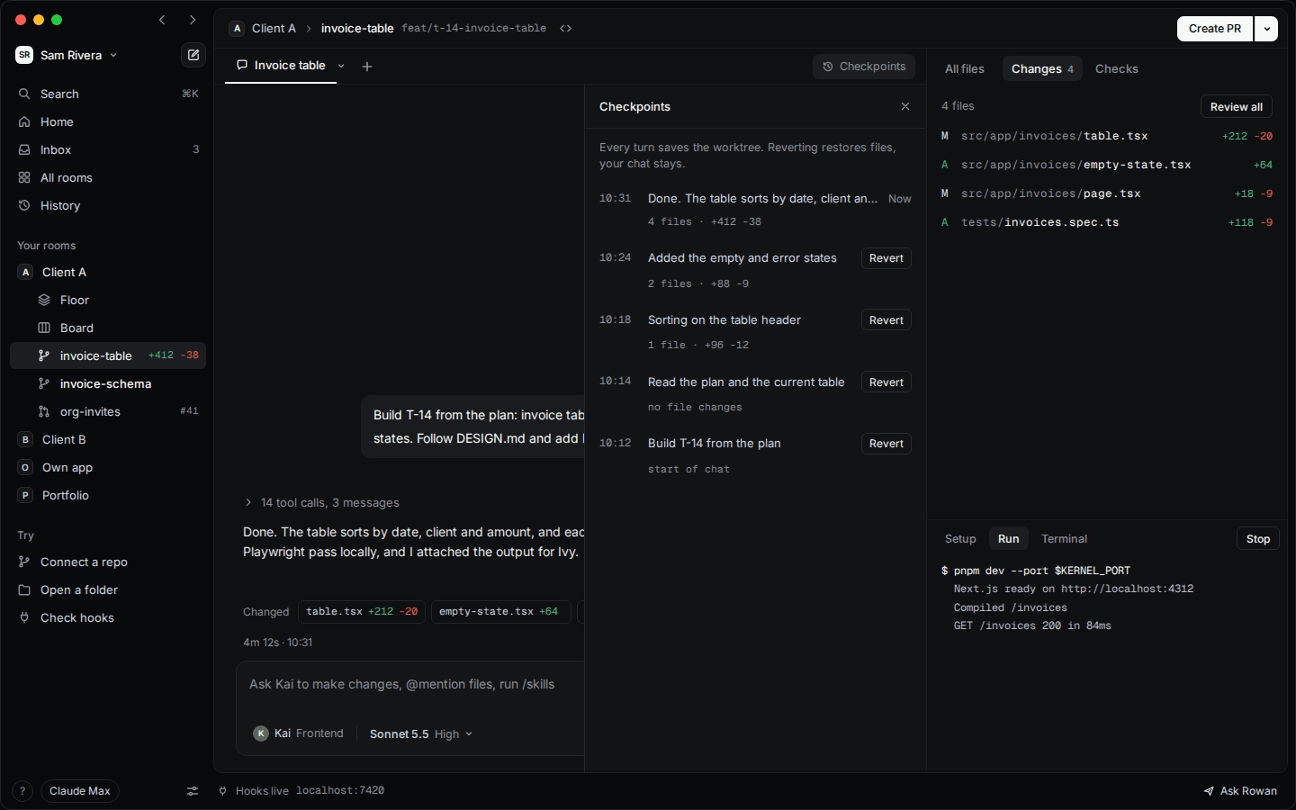 The Checkpoints drawer: one saved snapshot per agent turn