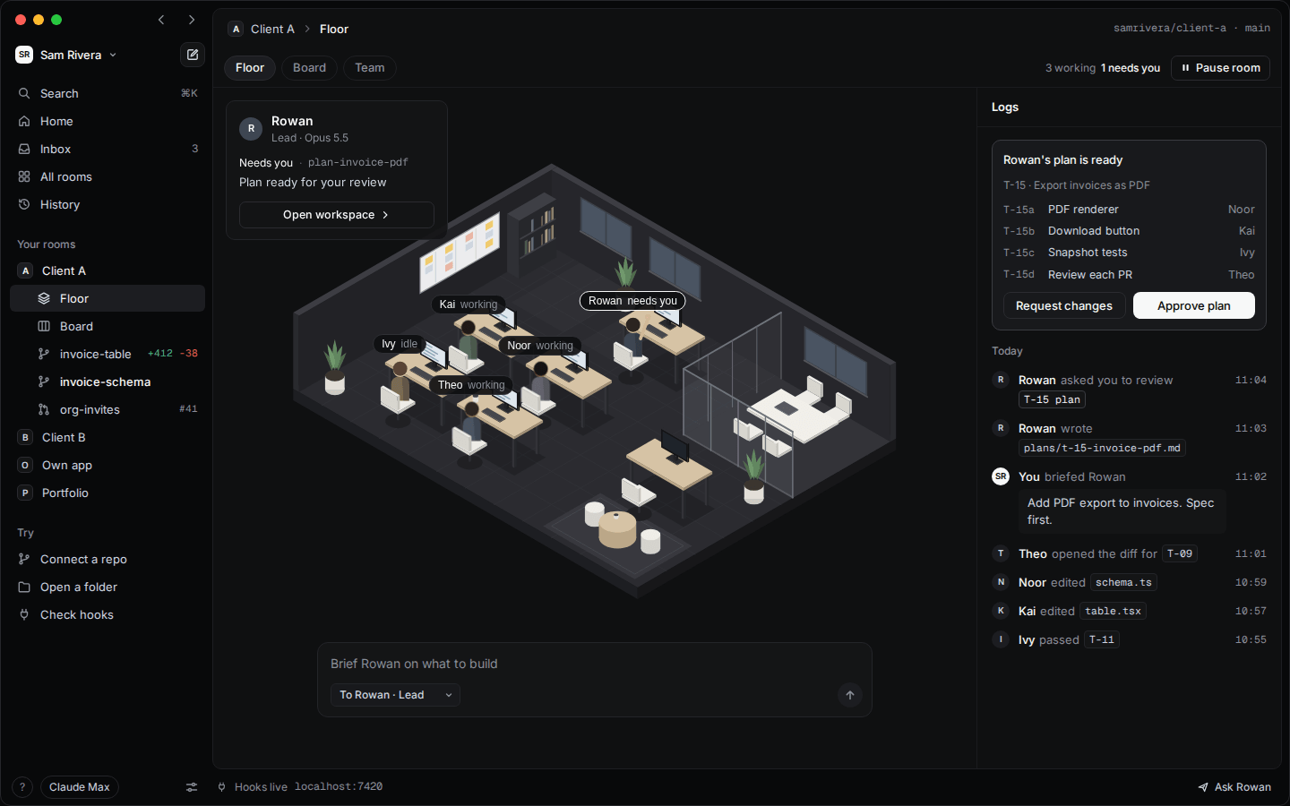 The Kernel floor: the lead's plan waits for review while the team works at their desks