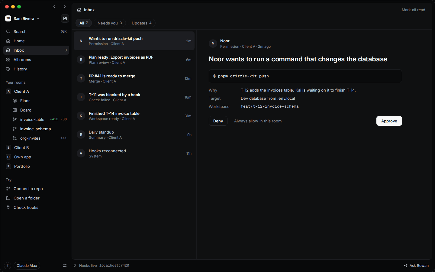 The Kernel Inbox: an agent asks to run a database command, with Deny and Approve