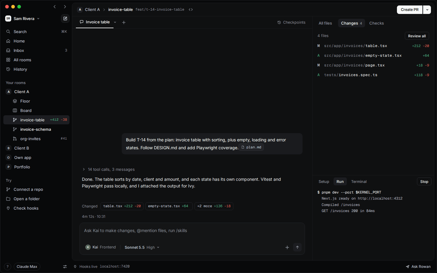 A Kernel workspace: the agent's chat, the changed files and the run output